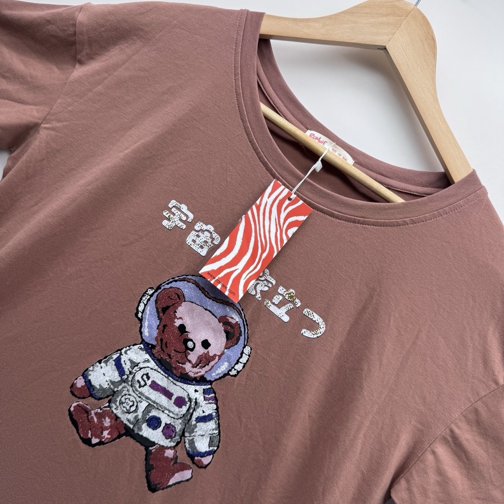 Romwe Womens Medium Astronaut Teddy Bear Graphic Tee Mauve Pink T-Shirt NWT